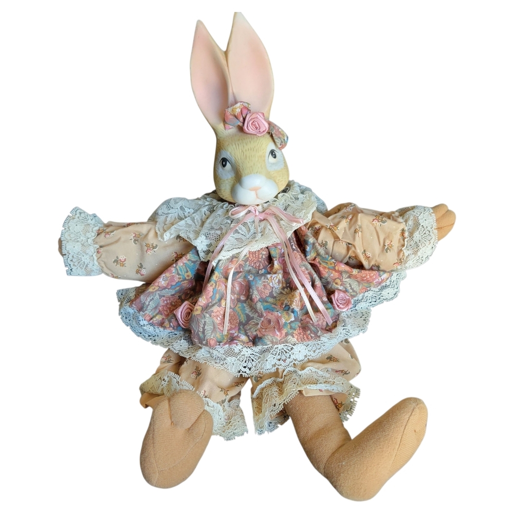 "Wendy Wabbit" Floral Porcelin Head Bunny With Stuffed Cloth Body